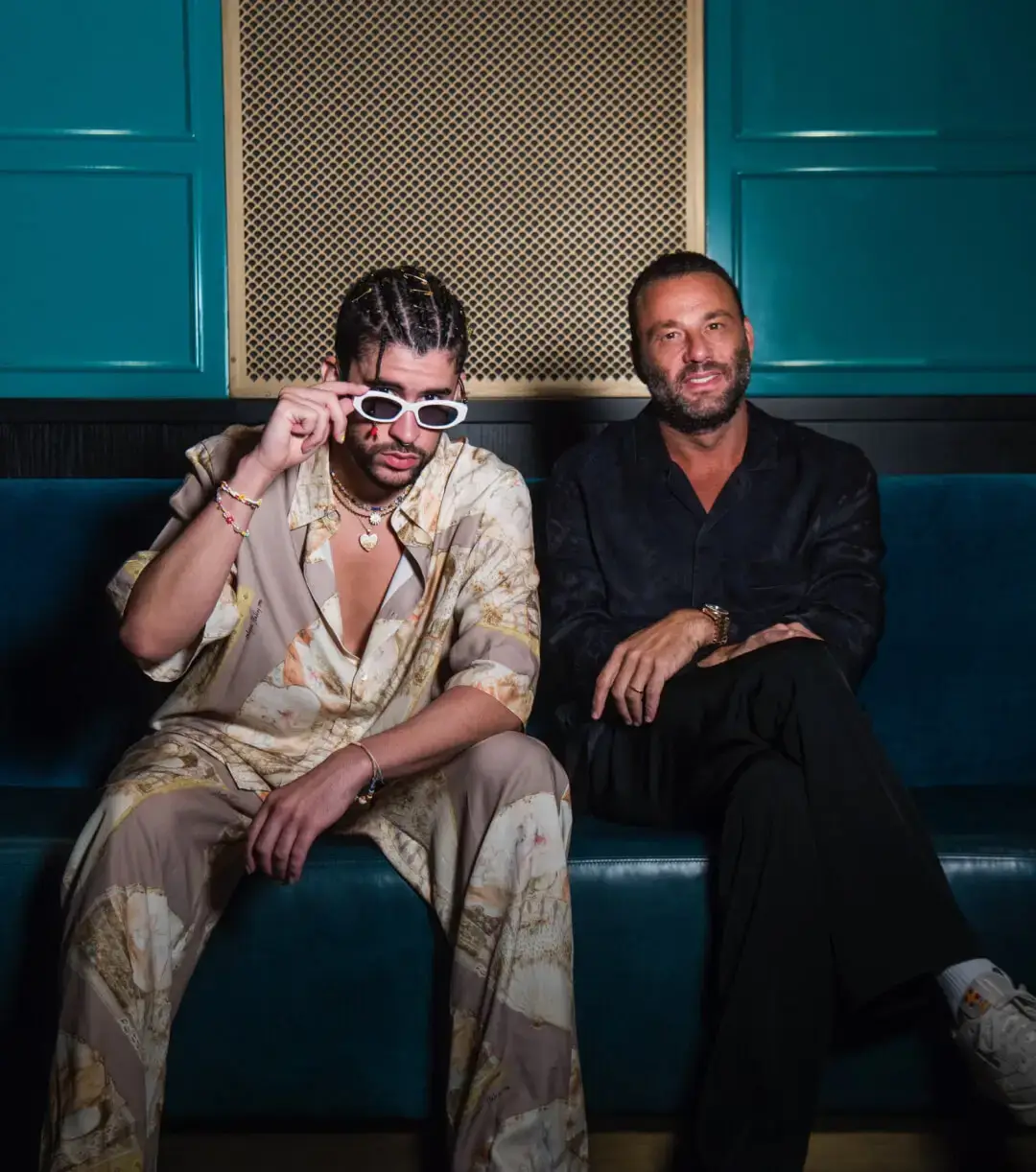 Bad Bunny and David Grutman posing for Gekko restaurant