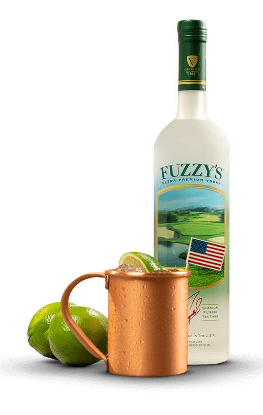 Fuzzy's Vodka bottle with a copper cup with American Stallion cocktail
