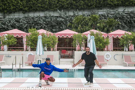 David Grutman and Pharrell Williams posing for photo shoot