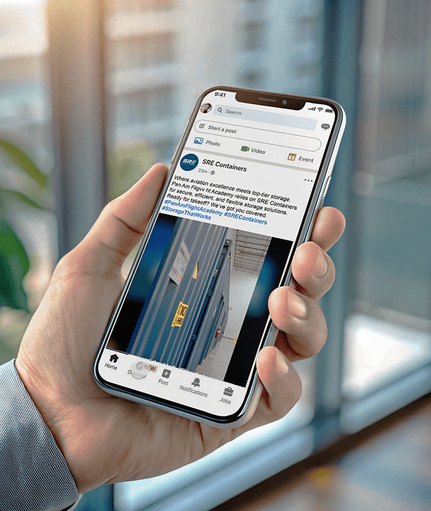 Smartphone displaying an SRE Containers social media post featuring a close-up of a blue storage container.