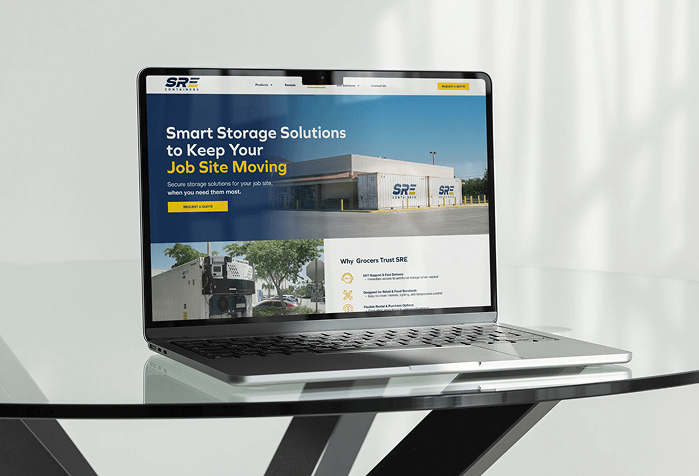 Laptop displaying the SRE Containers website homepage with the headline ‘Smart Storage Solutions to Keep Your Job Site Moving.