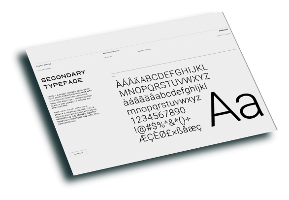 mockup displaying the final typography style guide with examples of large and small headlines, pull quotes, and body text