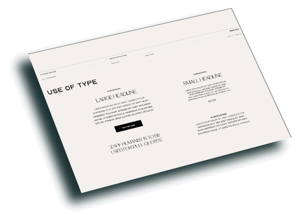 mockup displaying the final typography style guide with examples of large and small headlines, pull quotes, and body text